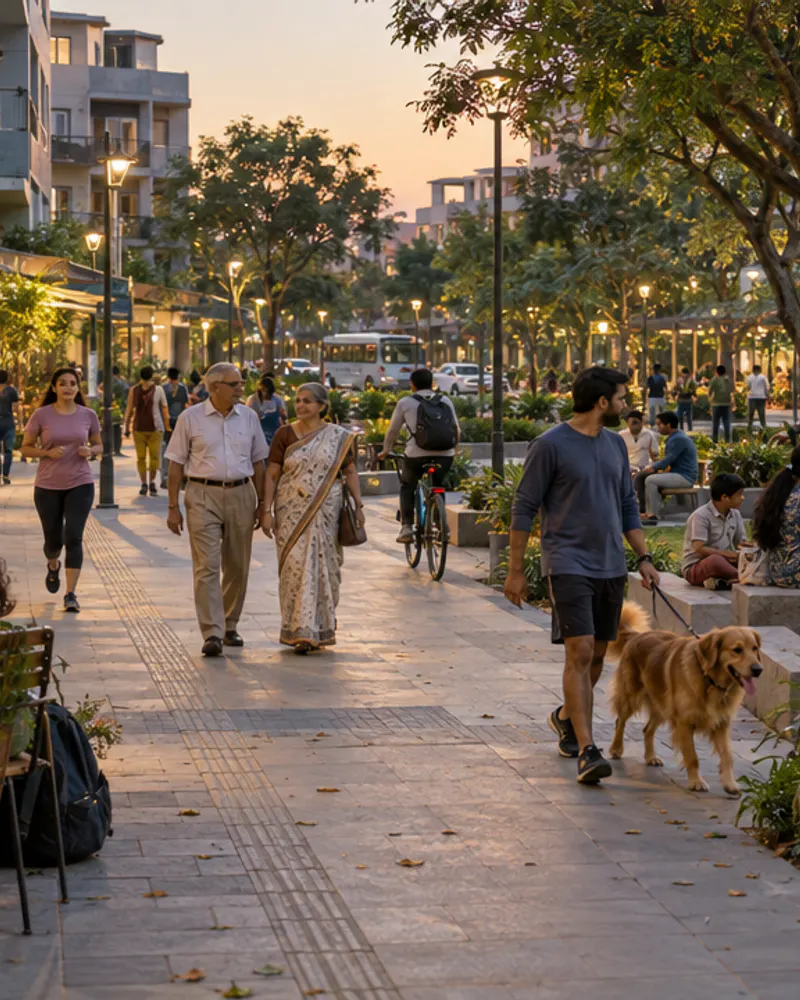 Conceptual landscaped public promenade with pedestrians, cyclists, dogs and neighbourhood buildings at golden hour.