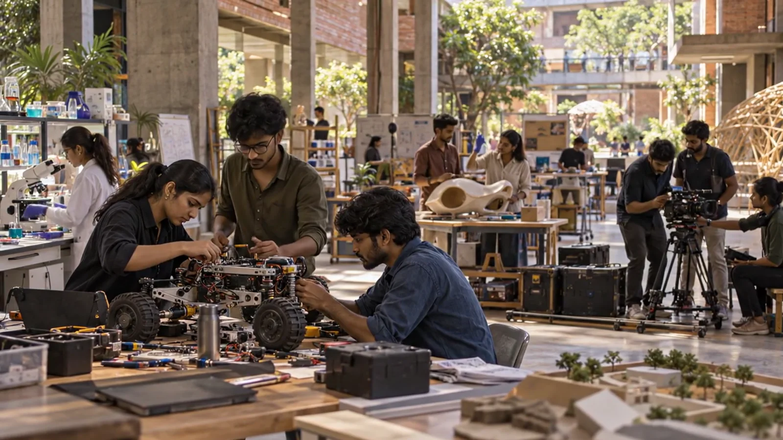 Conceptual illustration of young Indian makers collaborating on a prototype in a multidisciplinary studio.