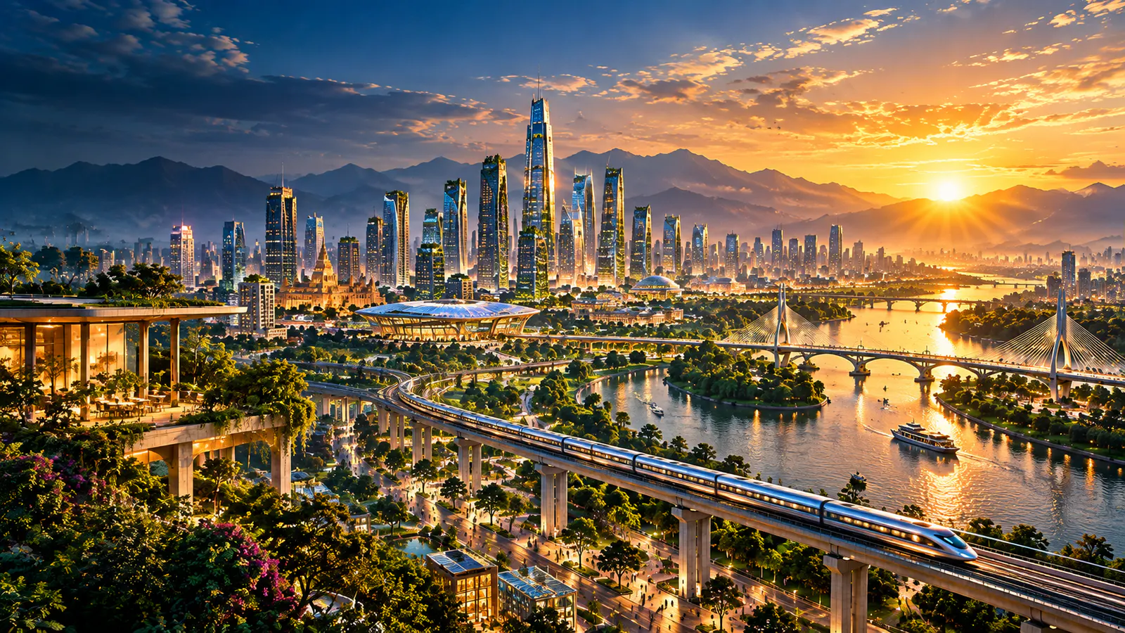 Conceptual future Indian city at sunrise, with a river, green neighbourhoods, high-rise buildings and elevated public transport.