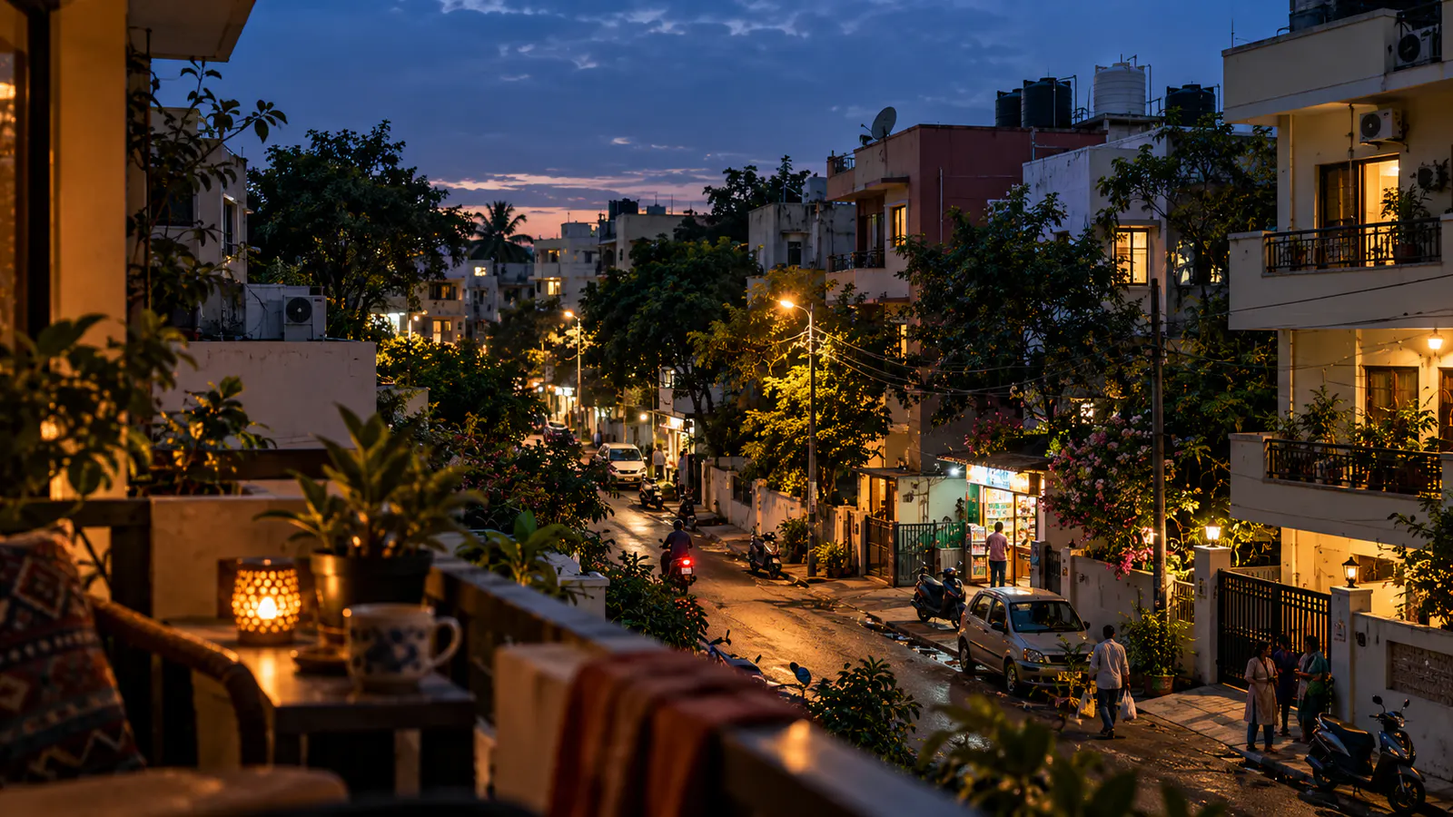 Conceptual blue-hour view from a residential balcony across a warmly lit neighbourhood.