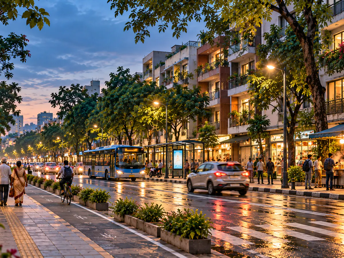 Conceptual rain-wet, tree-lined boulevard at dusk, with pedestrians, cars and mixed-use buildings.