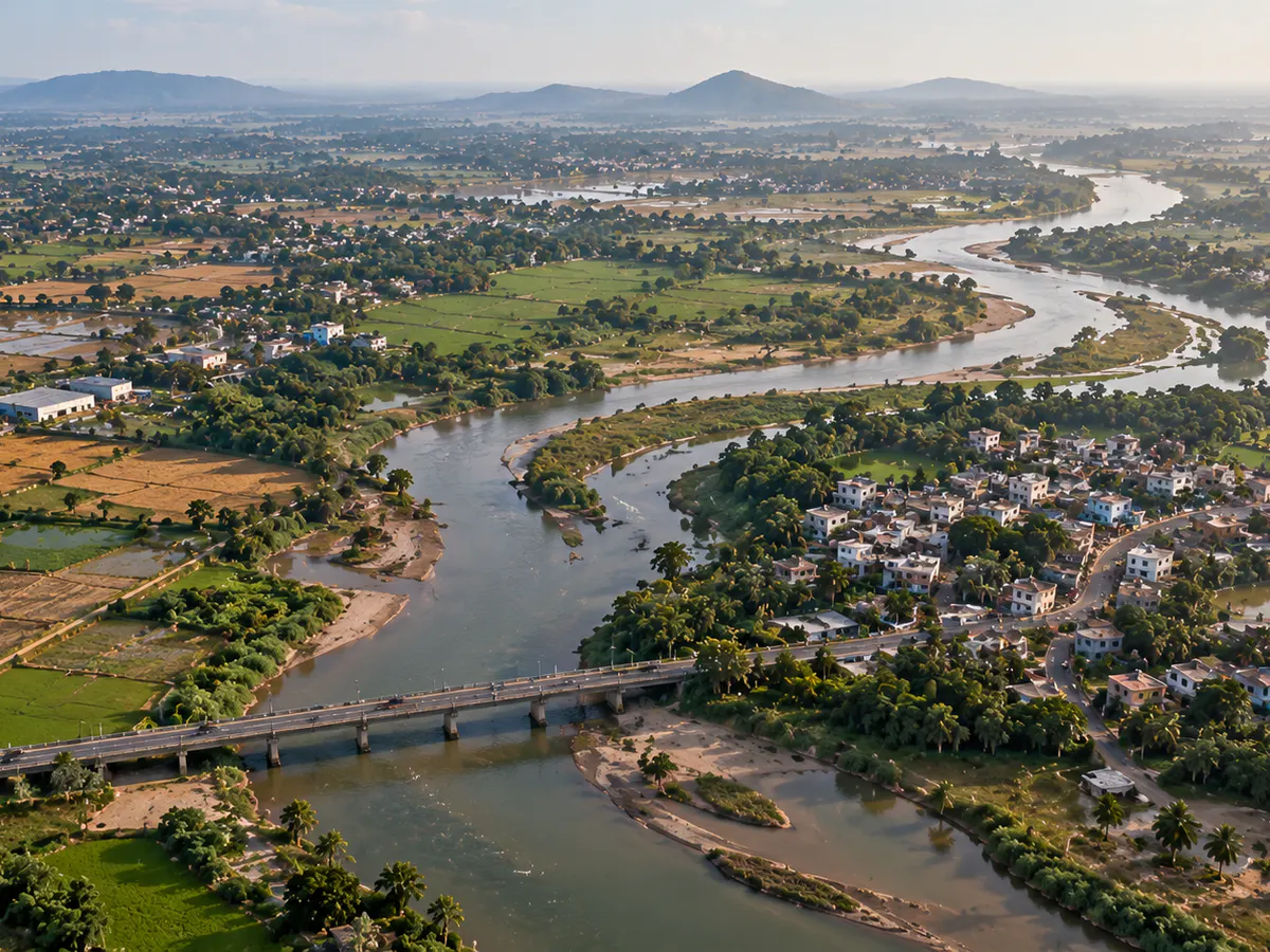 Conceptual aerial view of a winding river passing farms, neighbourhoods and a bridge beneath distant hills.