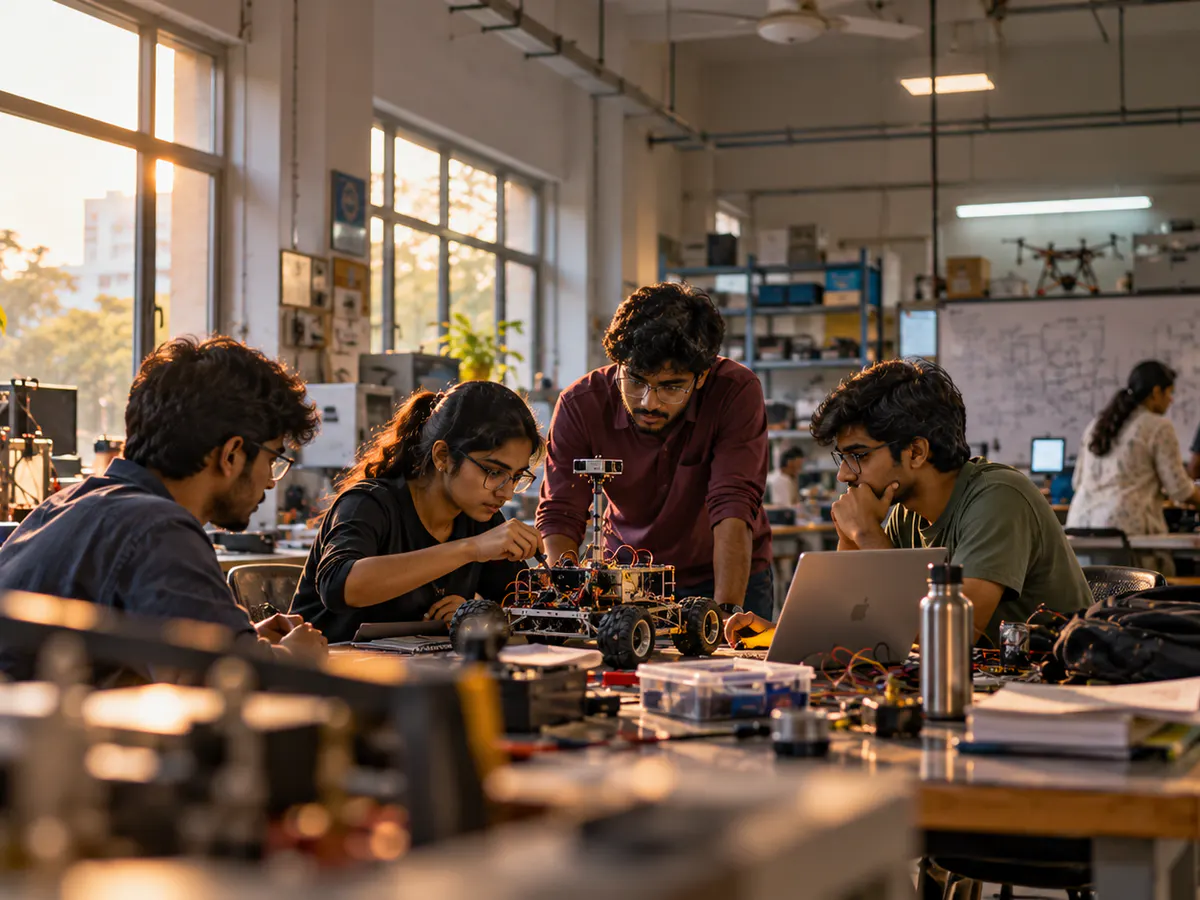 Conceptual scene of students building electronics together at a bright workshop table.