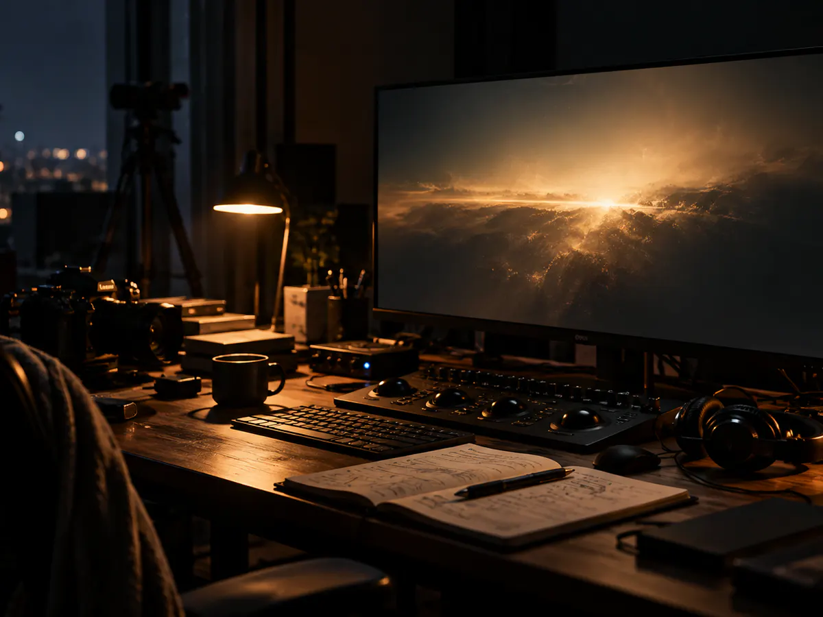 Conceptual nighttime creative workspace with notebooks, equipment and a large monitor displaying a landscape.